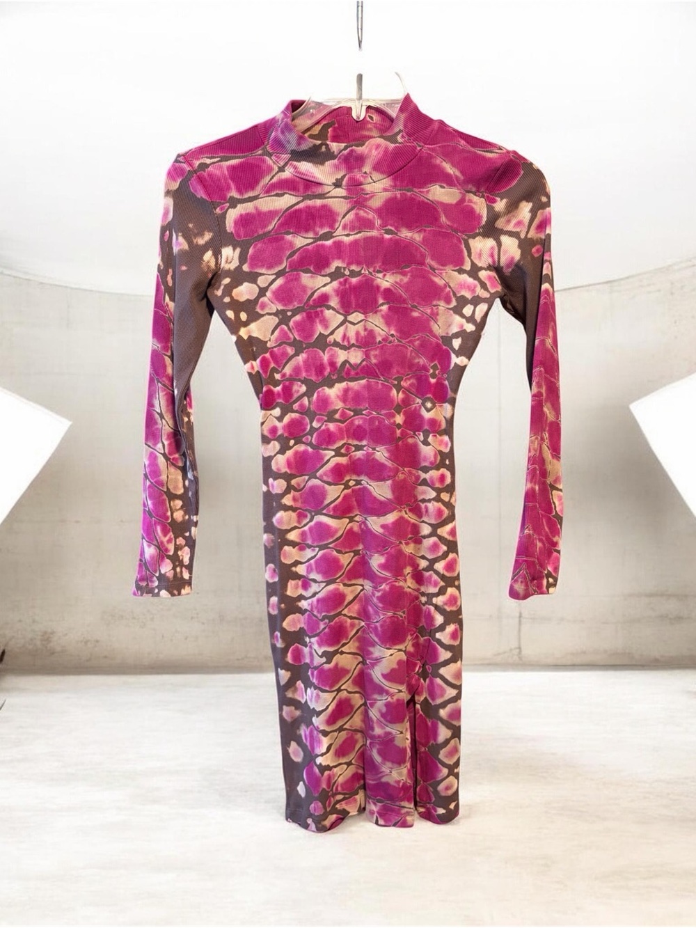 Women's Pink Tie-Dye Mock Neck Long Sleeve Mini Dress